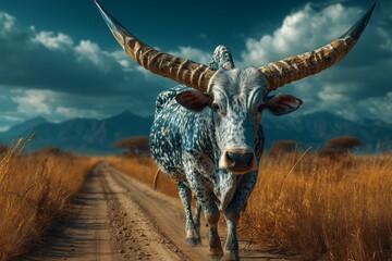 A majestic, patterned longhorn with massive horns strides down a dusty path under stormy skies. Its powerful presence and surreal texture evoke myth, wilderness, and raw strength. Travel concept.