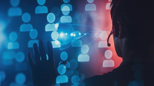 Customer service representative headset support communication call center hologram technology virtual digital network social network icon silhouette online profile digital identity cyber security