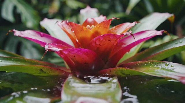 Close-up of a vibrant tropical bromeliad flower with water droplets falling onto its colorful petals