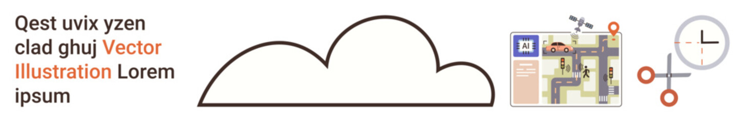 Navigation, time tracking, project planning, cloud-based systems, scheduling, workflows. A cloud shape surrounded by a clock, map and tools. Navigation and time tracking concepts