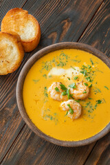 Rustic shrimp bisque with toasted baguette slices beside clay bowl