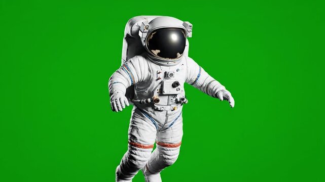 Astronaut floating in space wearing a white spacesuit against a vibrant green screen background, perfect for compositing