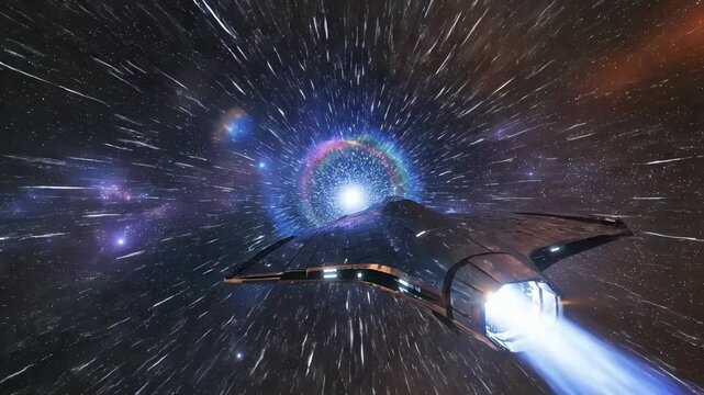 High-speed space flight animation of a ship entering a colorful interstellar wormhole for intergalactic travel