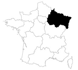 Obraz premium Map of Grand East departments in France country on white background. single departments map highlighted by black colour on France map. French Republic