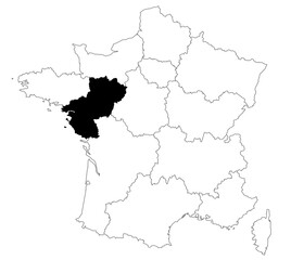 Obraz premium Map of pays de la loire departments in France country on white background. single departments map highlighted by black colour on France map. French Republic