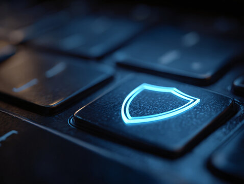 close up glowing digital shield over laptop keyboard, generative ai - Powered by Adobe
