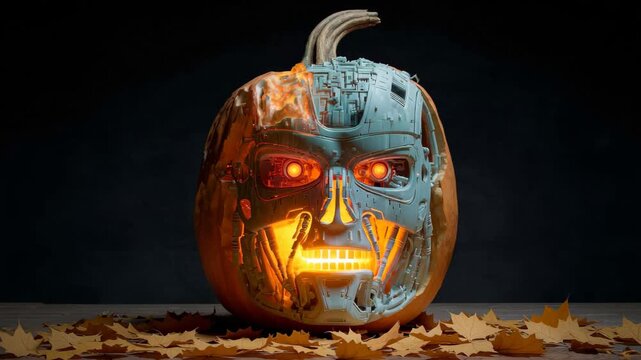 Cyborg carves a Halloween pumpkin, A cyborg skillfully carves a Halloween pumpkin, showcasing intricate designs and glowing orange flesh