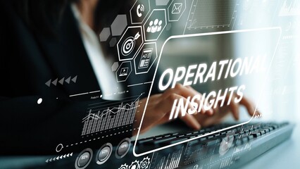 Businesswoman Analyzing Data for Operational Insights with Technology Interface in Modern Office Setting. Asymptotic smart data analytic.