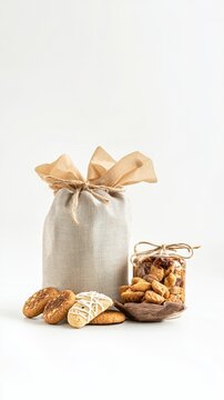 Purim mishloach manot gift set isolated on white background with traditional sweets.