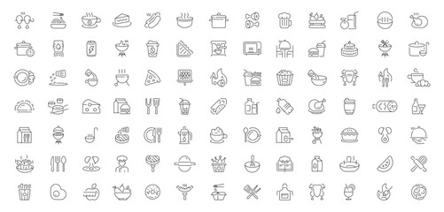 Fototapeta premium Cooking icons set. editable line icons for food, kitchen and culinary graphics