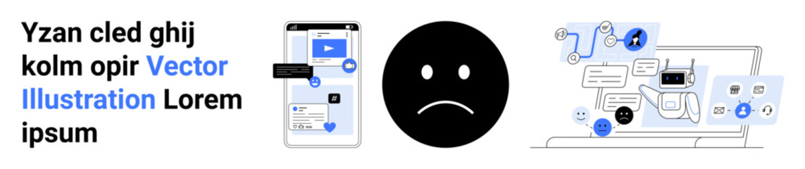 Fototapeta premium Digital communication, troubleshooting, tech issues, support service, online tools, user experience. Smartphone with media player, sad face computer with tools. Troubleshooting and communication