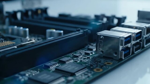 Close up shot of a computer motherboard with processor and ports in a clean studio environment