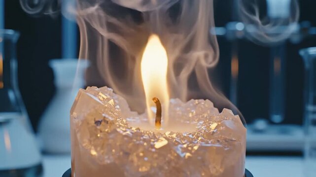Crystalline wax candle burning brightly with wisps of smoke in a darkened laboratory setting