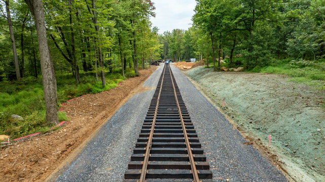 A new railway line is being constructed through a green forest area. Workers are present, and the surroundings are being cleared for the project. Nature complements the development. - Powered by Adobe