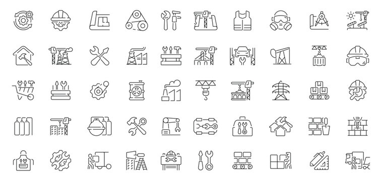 Factory and industry icons set. line, editable line icons, manufacturing and engineering