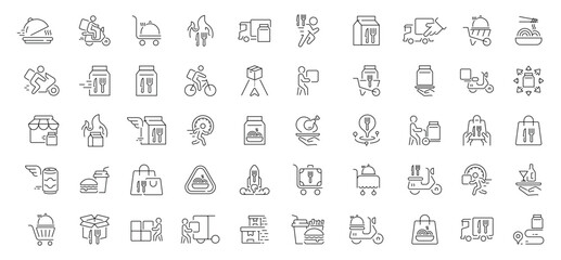 Fototapeta premium Food delivery icons set. editable line icons, outline, courier and restaurant symbols