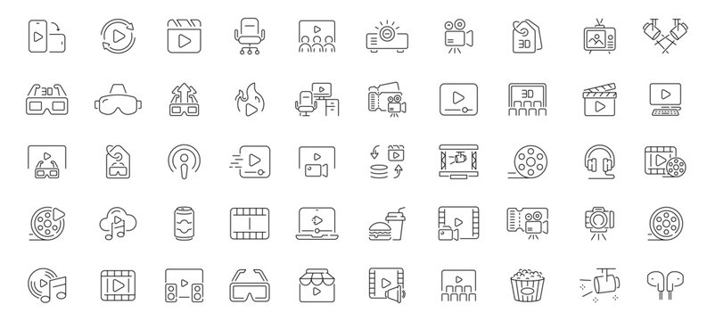 Cinema icons set. editable line icons, outline, movie and film symbols