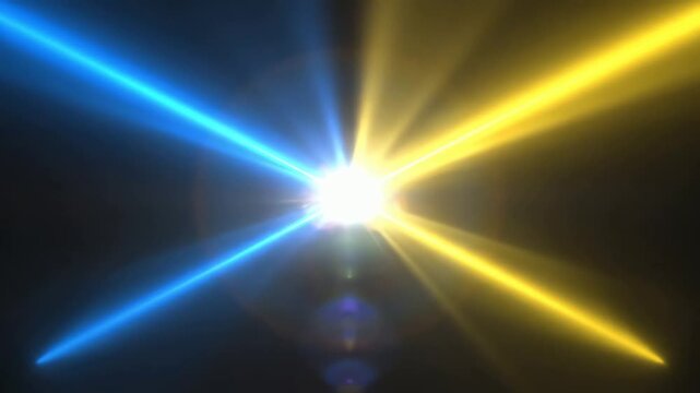 Two Glowing Blue and Yellow Neon Laser Beams Collide Creating a Powerful Energy Flash