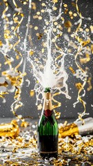 Champagne bottle exploding with splash of sparkling wine and golden confetti. Vertical photo of festive party celebration for New Year's Eve or anniversary.