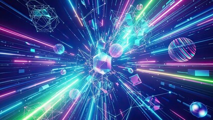 Vibrant neon lights and geometric shapes explode in a dynamic digital space