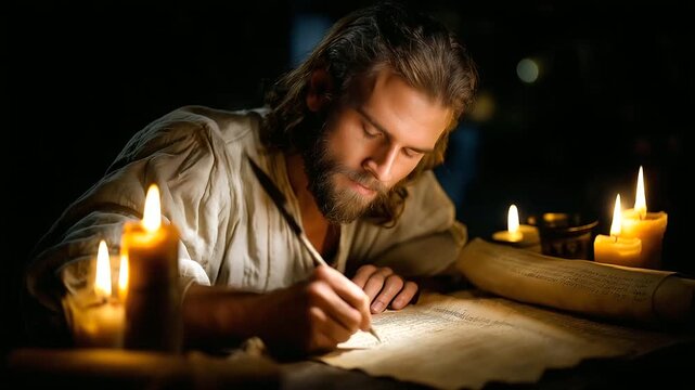 Faceless ancient scribe figure writing with quill pen on parchment by flickering candlelight, old manuscript creation in biblical era, defocused scrolls background, historical docu