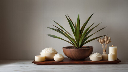 Decorative plant arrangement with candles and natural elements on wooden tray in indoor setting