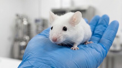 Laboratory worker holds a small white mouse in a glove during research in a clean facility