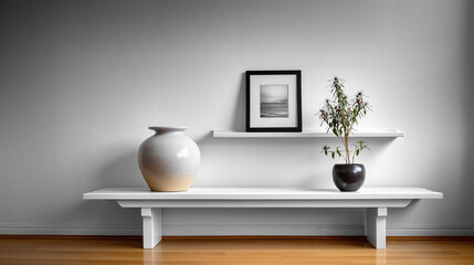Modern shelf display with pottery and plant in a simple room setting during daylight hours