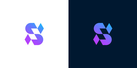 Modern stylized letter 'S' logo design with gradient effect and geometric accents on white and dark backgrounds