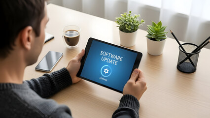 Man holds tablet showing software update process, demonstrating technology's role in keeping systems current and efficient in today's fast paced world.