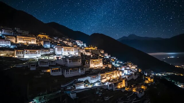 Majestic monastery nestled on a steep mountainside under a brilliant starry night sky