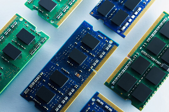 Top view of laptop ram ddr memory modules on white background