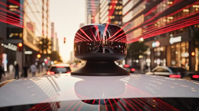 Autonomous car sensor scanning city street at dusk. Lidar beams detecting urban traffic and buildings for self-driving navigation. AI-driven vehicle technology integrating IoT and 5G networks. video