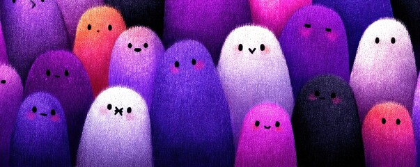 Pattern of cute ghost characters in purple and white colors, perfect for playful stock listings