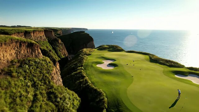 Stunning aerial drone footage of a dramatic cliffside golf course overlooking the ocean