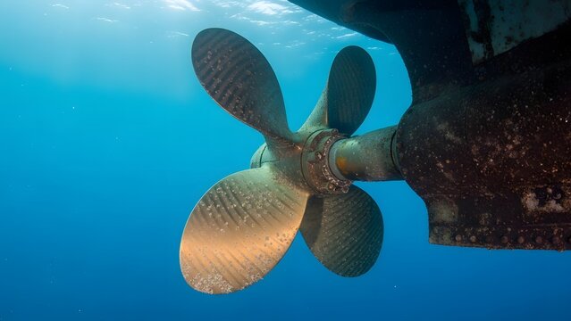 Underwater Ship Propeller on Boat Stern in Blue Ocean Water