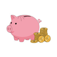 Pink piggy bank with coins stacked on the side representing savings, transparent background, isolated, vector  