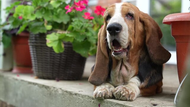 A basset hound sitting in garden with flowers