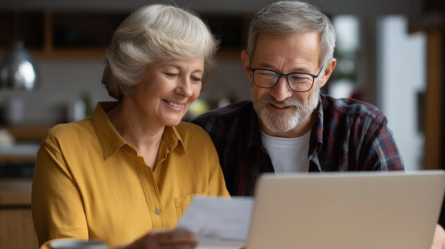 Faceless happy couple with laptop and finance documents heavily defocused home background anonymous man woman with review for budget planning expenses accounting paperwork - Powered by Adobe