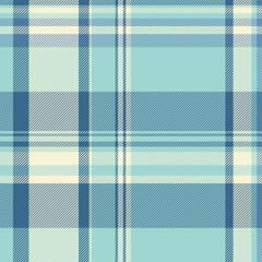 Fiber fabric plaid texture, color pattern check textile. Fade vector seamless tartan background in light and cyan colors.