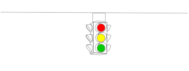 Hand-drawn traffic light illustration with continuous line art style. Road safety signal icon in minimal black outline, perfect for street signs and transportation design projects.