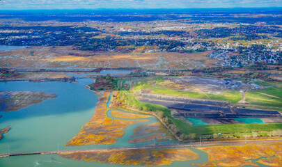 Aerial view of Boston Bay area and airport fall foliage landscape