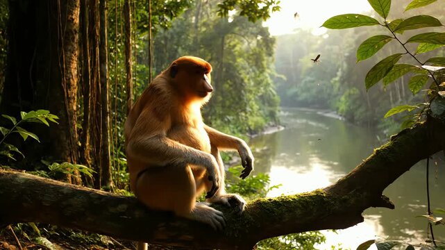 Proboscis Monkey Perched on Tree Branch Overlooking Lush Tropical Rainforest River at Sunrise