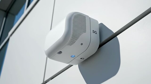 5G small cell antenna mounted on urban building wall with activation light. Wireless infrastructure for high-speed connectivity and integrated networks. Modern telecom device supporting IoT and