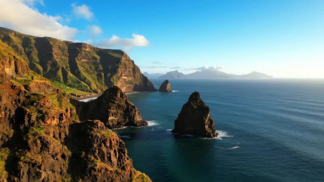 Dramatic drone footage of rugged volcanic sea stacks and cliffs in the ocean