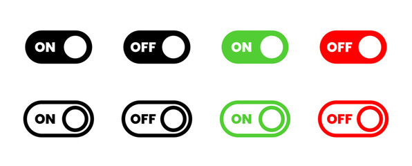 Toggle switch icons in solid and outline styles, On Off Button Set, User Interface Slider Controls, Green Red Black Switches, Mobile App Settings Vector, Vector illustration.