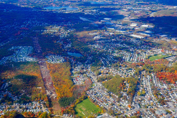 Aerial view of Boston Bay area and airport fall foliage landscape