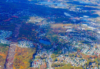 Aerial view of Boston Bay area and airport fall foliage landscape