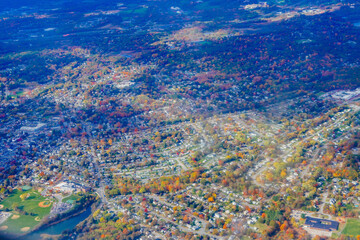 Aerial view of Boston Bay area and airport fall foliage landscape