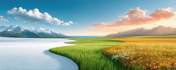 Naklejka premium Landscape showing transition from winter to spring with green fields, daisies, and mountains